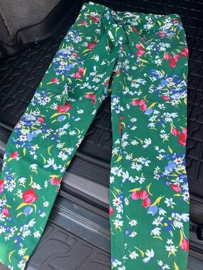 Jules & Leopold Green Floral Skinny Pants with Multicolor Blooms and Tie Waist